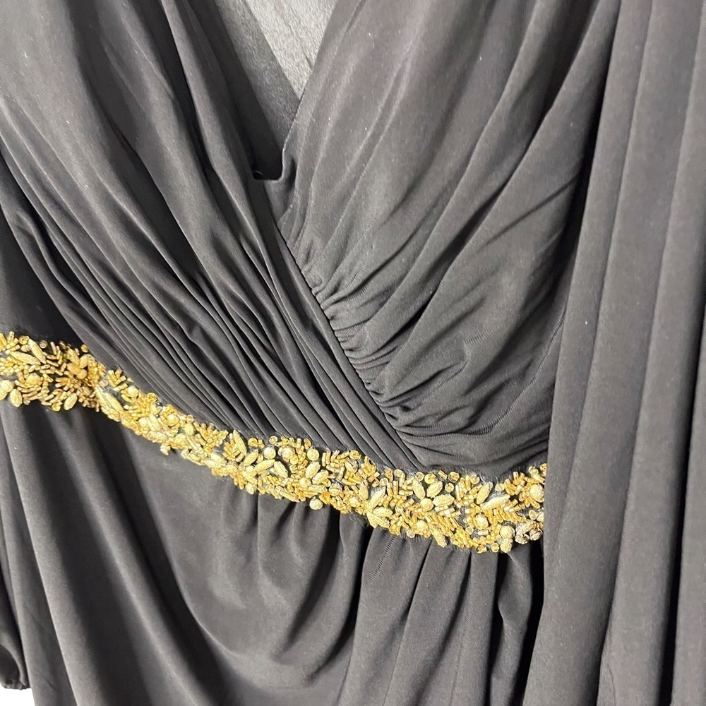 Mac Duggal Jersey V Neck Maxi Dress Gold Beaded Size 20 Leg Slit Formal - Picture 7 of 12